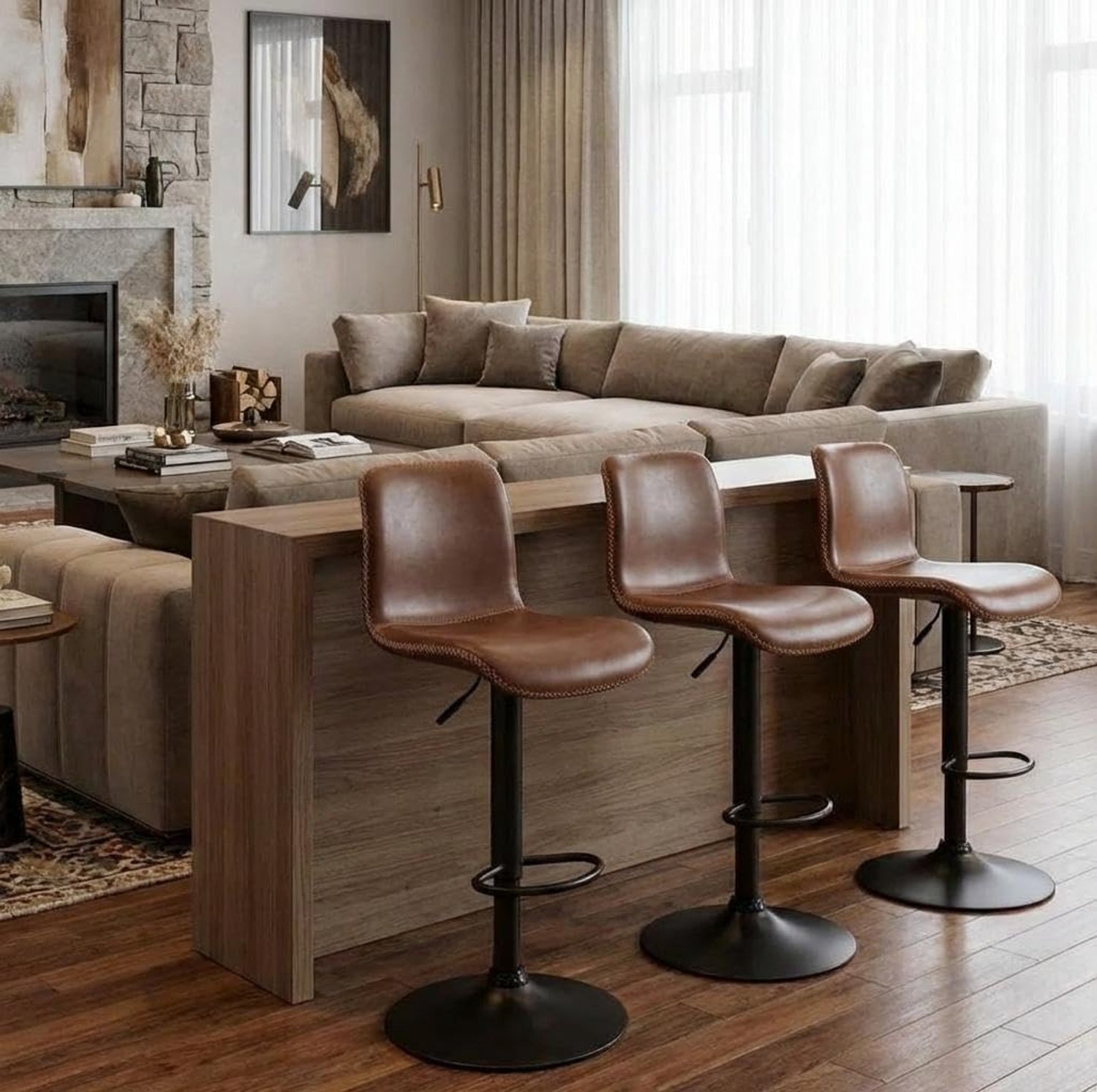 Triumpunpre Barkrukken Set van 2 - 360° Draaibare Barstoelen met Verstelbare Hoogte & Voetsteun - PU Leder met Ergonomische Rugleuning - Koffiebruin / Café - Voor Keuken, Bar & Eetkamer
