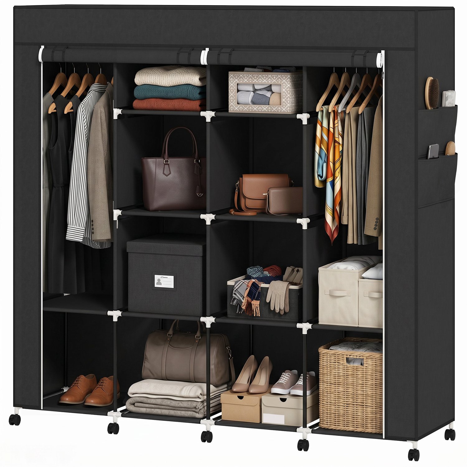 HOMCOM Stoffen Kledingkast - Vliesstof, Staal - 166 x 42,5 x 167 cm - Zwart