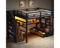 Hoogslaper - 140x200 cm - Met Bureau - Met Opbergtrap - Met Laden - Metaal en MDF - Zwart
