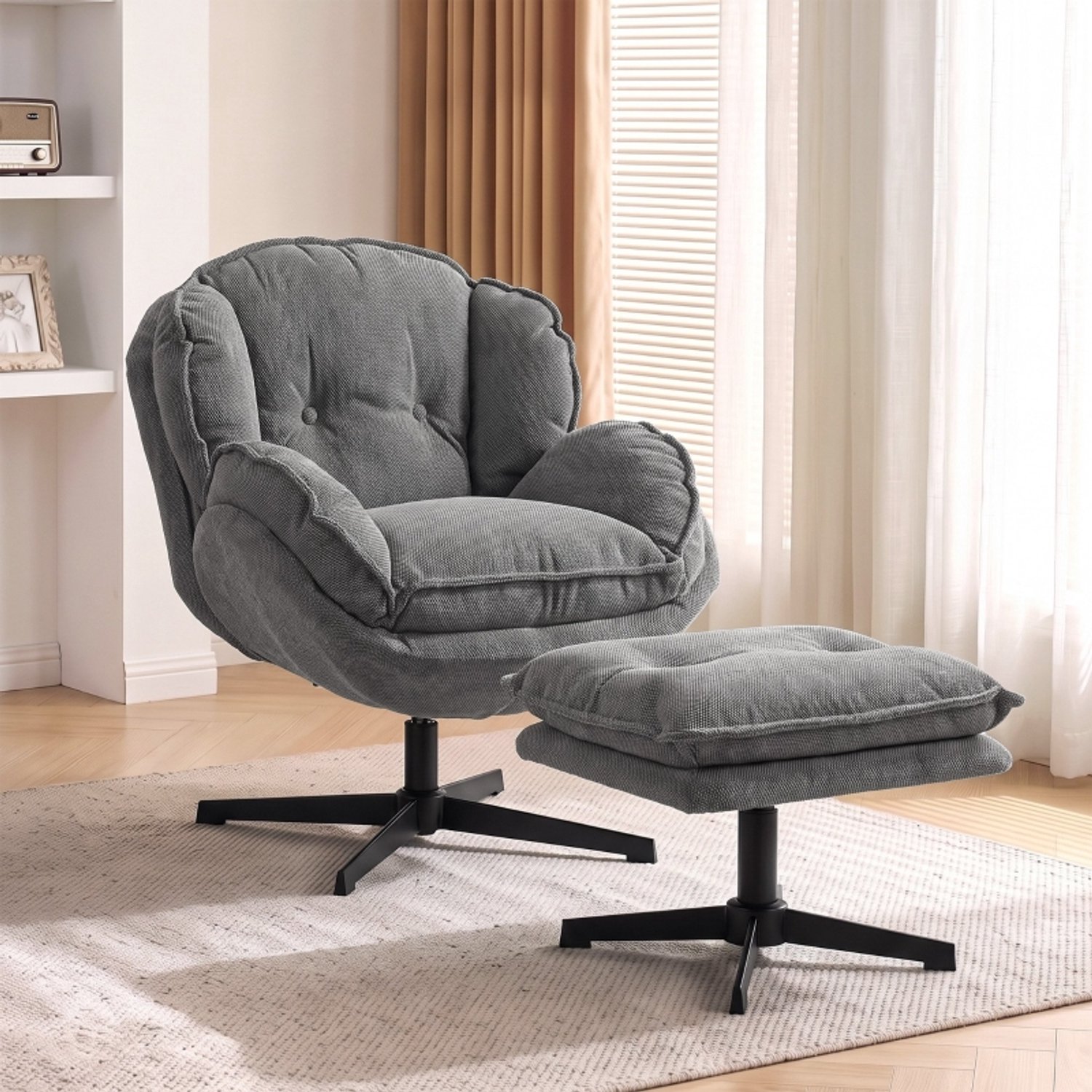MIVRAY Relaxfauteuil 86 x 74 x 85 cm - 360 Graden Draaibaar Met Verstelbare Hocker - Voor Woonkamer en Leeshoek - Chenille Grijs