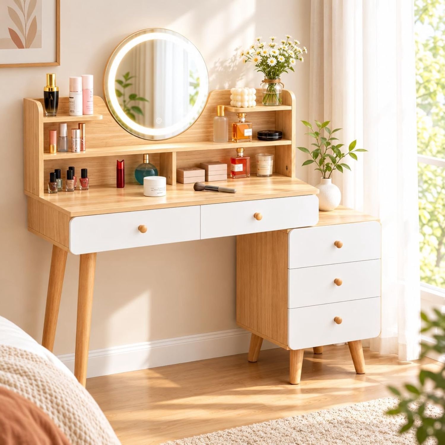 Make Up Tafel met Spiegel - Kaptafel voor Meisjes - Hollywood Spiegel met Verlichting - 3 Kleuren - Hout