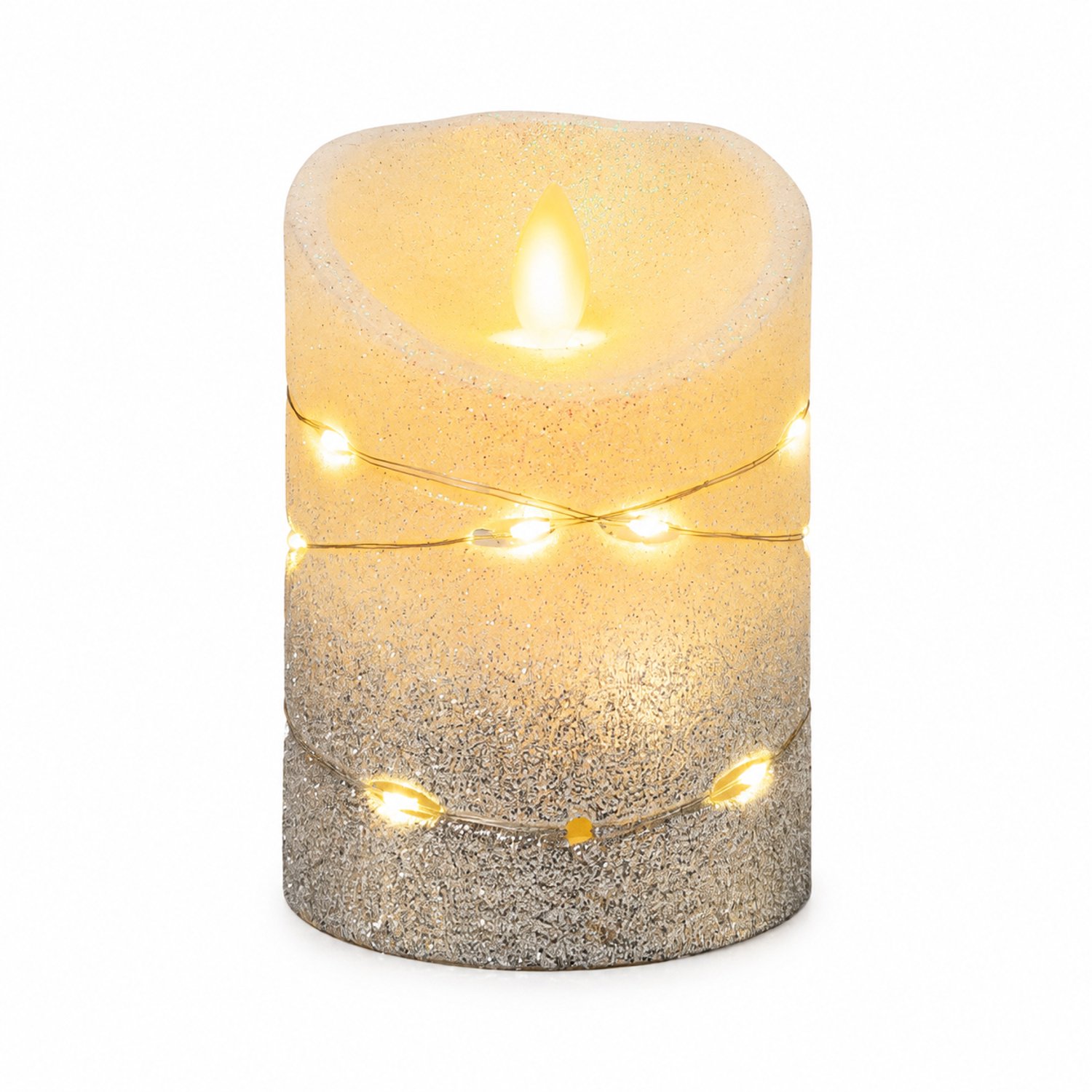 led kaarsen met bewegende vlam, zilverkleurig model 7,5 x 10 cm met glitter, schuine bovenrand en lichtsnoer, op batterijen
