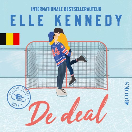 Boekomslag van De deal door Elle Kennedy: een ijshockeyer in blauw shirt met nummer 44 kust een vrouw voor een ijshockeydoel.