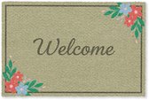 Groene rechthoekige deurmat met zwarte rand, bloemmotieven in de hoeken en de tekst 'Welcome' in het midden.
