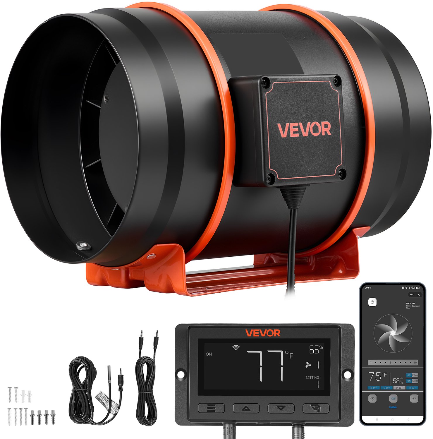 VEVOR Inline Kanaalventilator, 1372 m³/u 203 mm EC-Motor, Afzuigventilator met 10 Snelheden, PWM-Controller, App-Bediening, Temperatuur- en Vochtigheidssensor, Koeling voor Kweektenten, Binnentuinen en Hydrocultuur