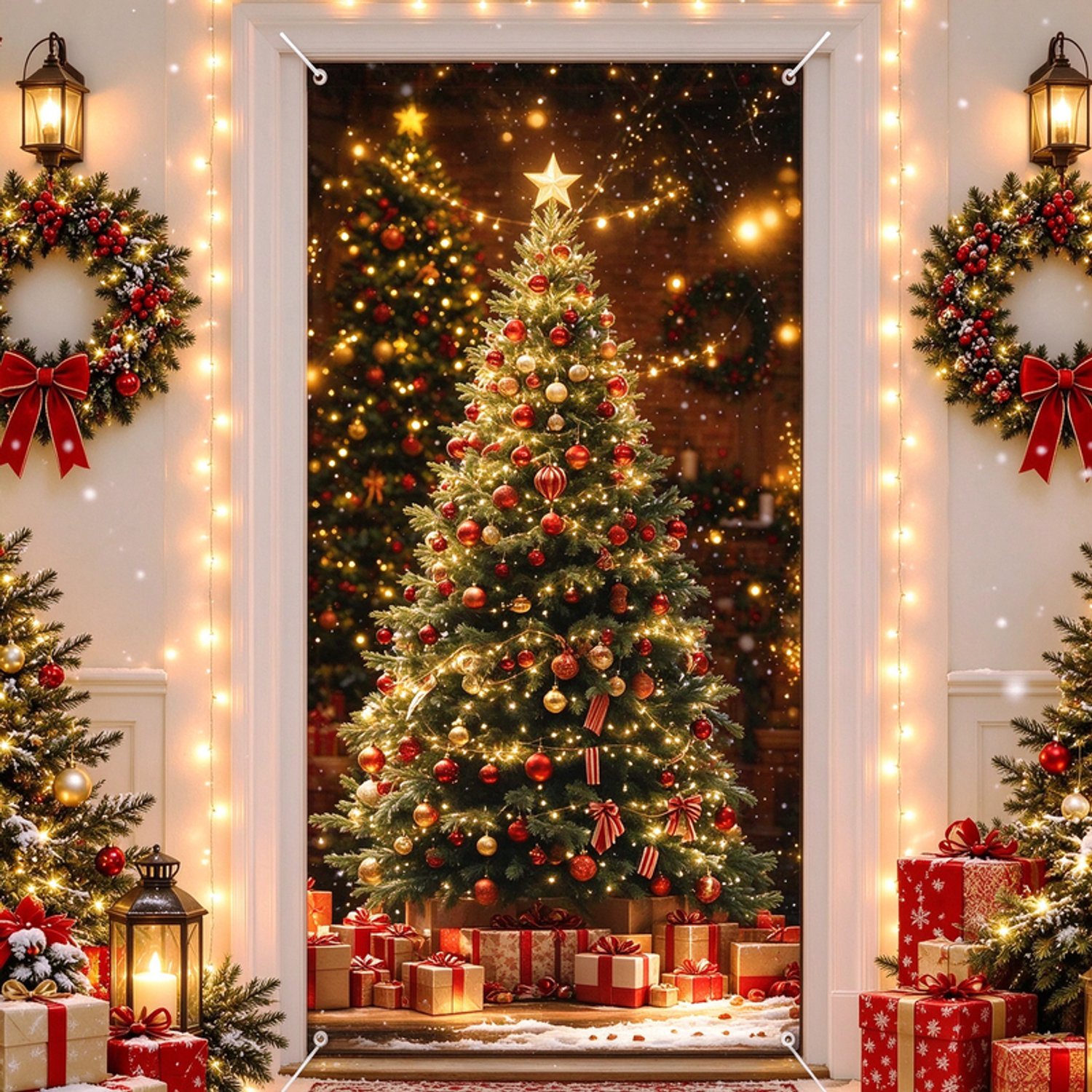 Deurgordijn – Kerstdeurgordijn met patronen van de Kerstman en rendieren – inclusief ophanggaten op de vier hoeken en een ophangtouw van 10 meter; geschikt voor deuren, ramen, huisdecoratie en kerstversiering – Afmetingen: 200 x 90 cm.