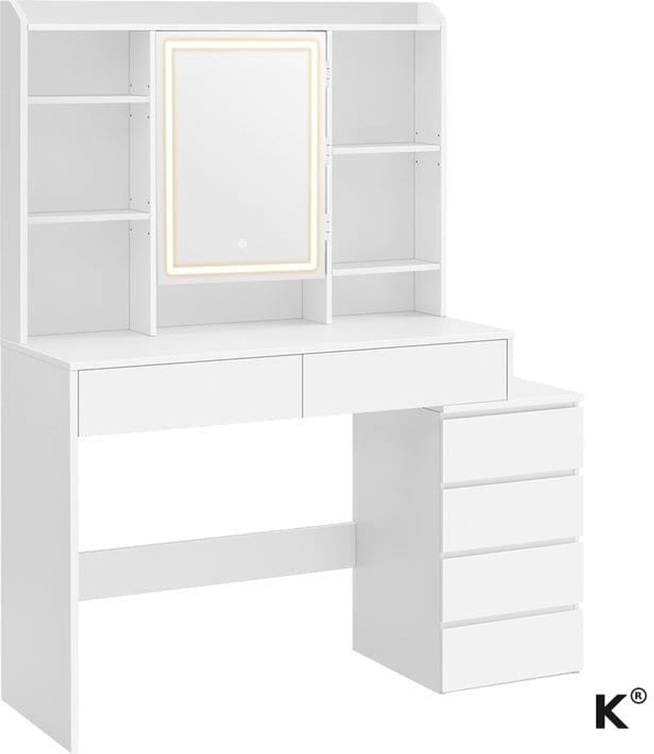 Klarven Kaptafel Wolkenwit - Kaptafel met Spiegel en Verlichting - Kaptafel met Spiegel - Dressing Table - Instelbare LED-verlichting, 2 Lades en 7 Open Vakken