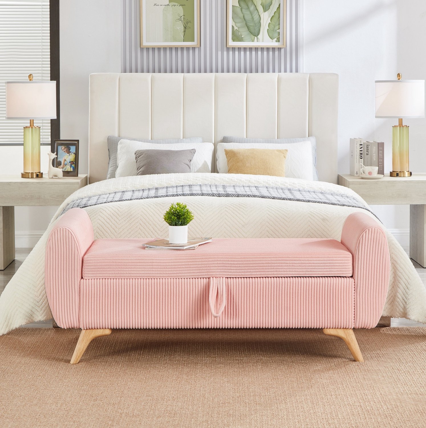MODENUIT Opbergbank – Opklapbaar Met Opbergruimte – 145 x 51 x 57 cm – Ribfluweel – Roze – Houten Poten