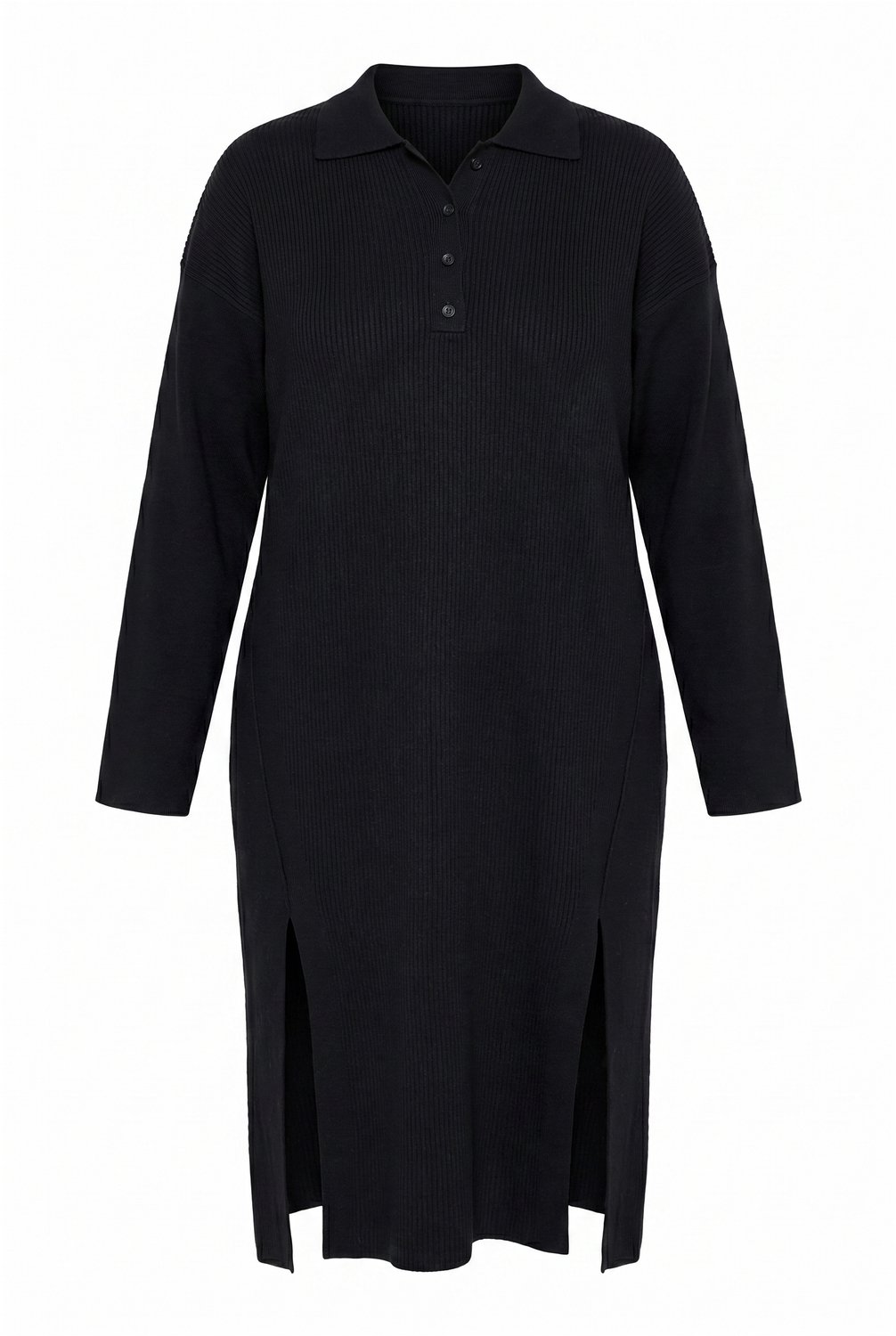 Ulla Popken Dames - Maxi-jurk ribjersey oversized polokraag lange mouwen - Zwart - Maat 62+
