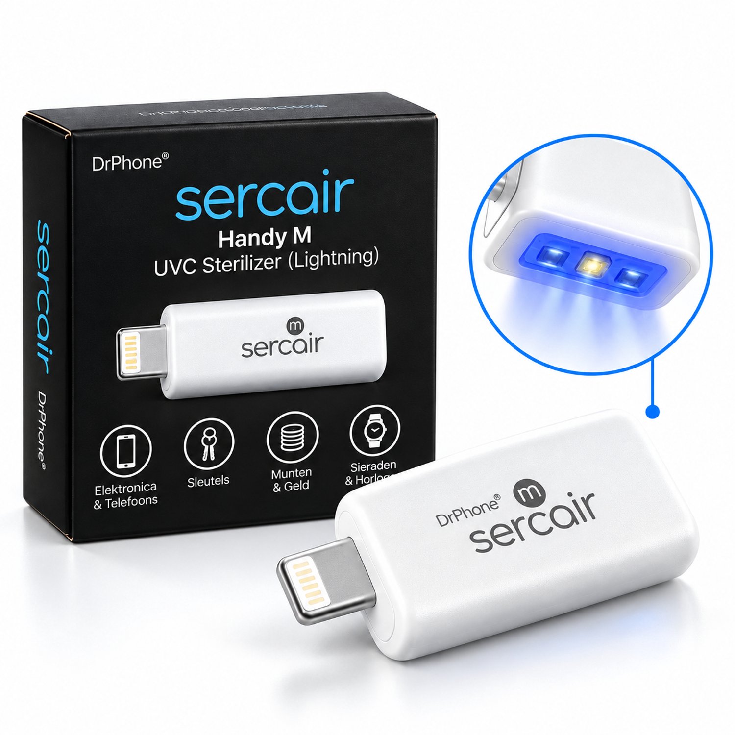 DrPhone Handy M D3501 – Draagbare UVC Sterilisator Voor iPhone Lightning – Mini UV-C Lamp voor Oppervlakken – Wit