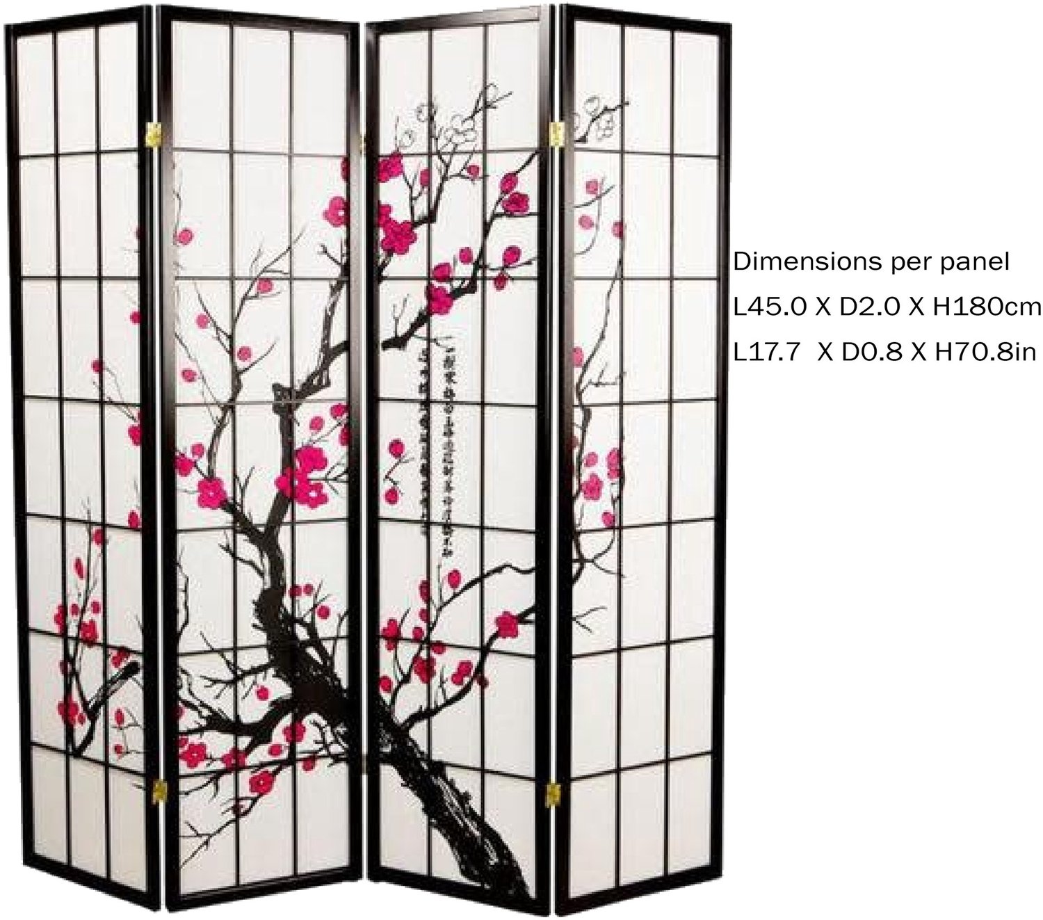 Fine Asianliving Japanse Kamerscherm B180xH180cm 4 Panelen Shoji Rijstpapier Zwart - Sakura