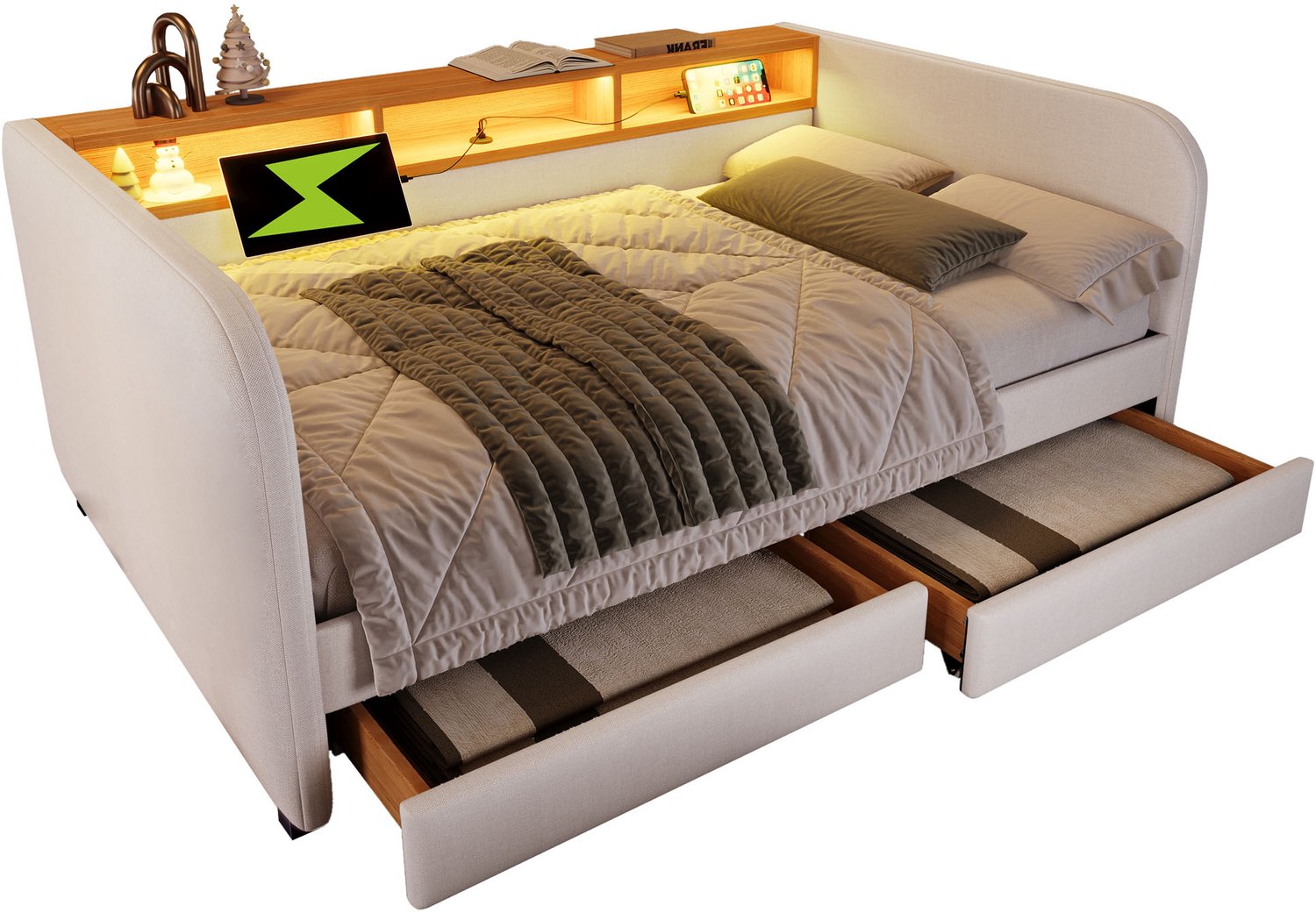 Welltin Gestoffeerd bed 140x190 cm - slaapbank met ledverlichting - USB-C - twee opberglades – lichtbeige linnen – slaapkamer – 153x196x65 cm