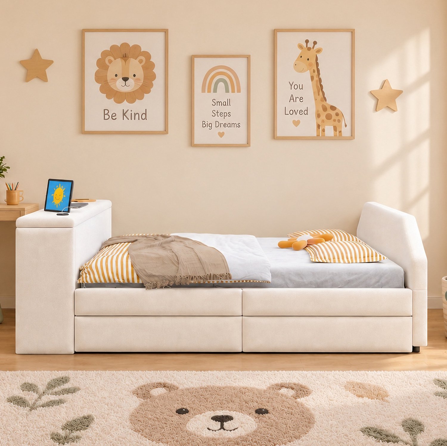 WUVRIE Kinderbed 90x200 cm - Met bureau, USB-oplaadpoort en uitschuifbaar logeerbed - Beige