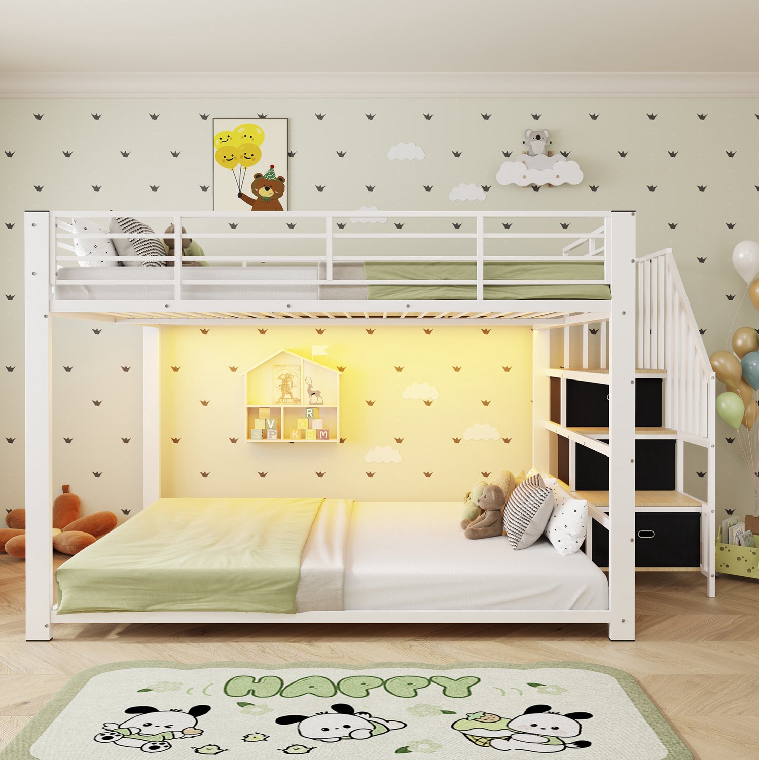 WUVRIE Stapelbed 140x200 cm - Monteerbare trap met stoffen lades, LED en USB - Wit/walnoot