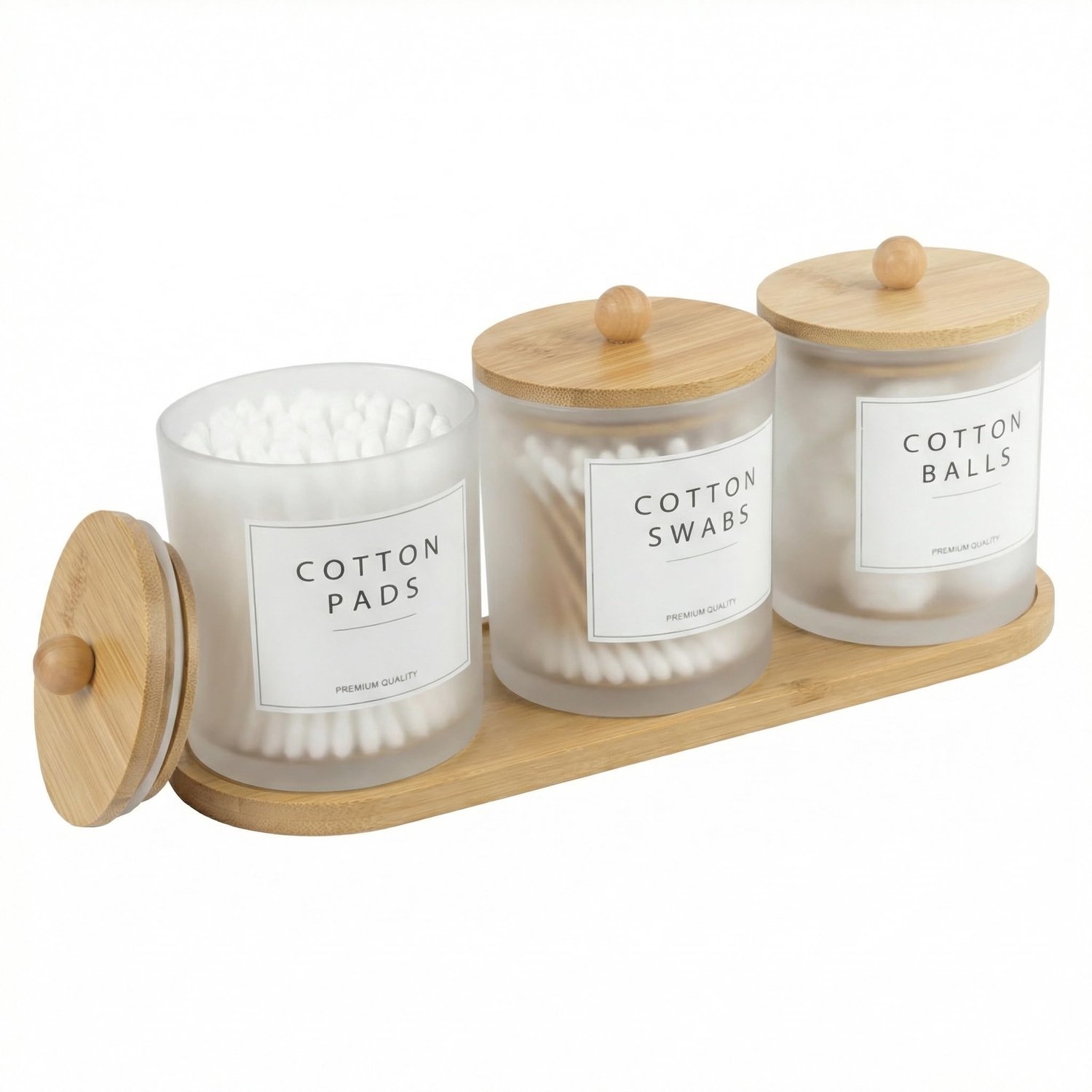 Wattenstaafjeshouder Set van 3 - Glazen Apotheekschalen - Bamboe Deksels - Badkamerorganizer - 14 Etiketten - Compact Ontwerp - Opbergdoos