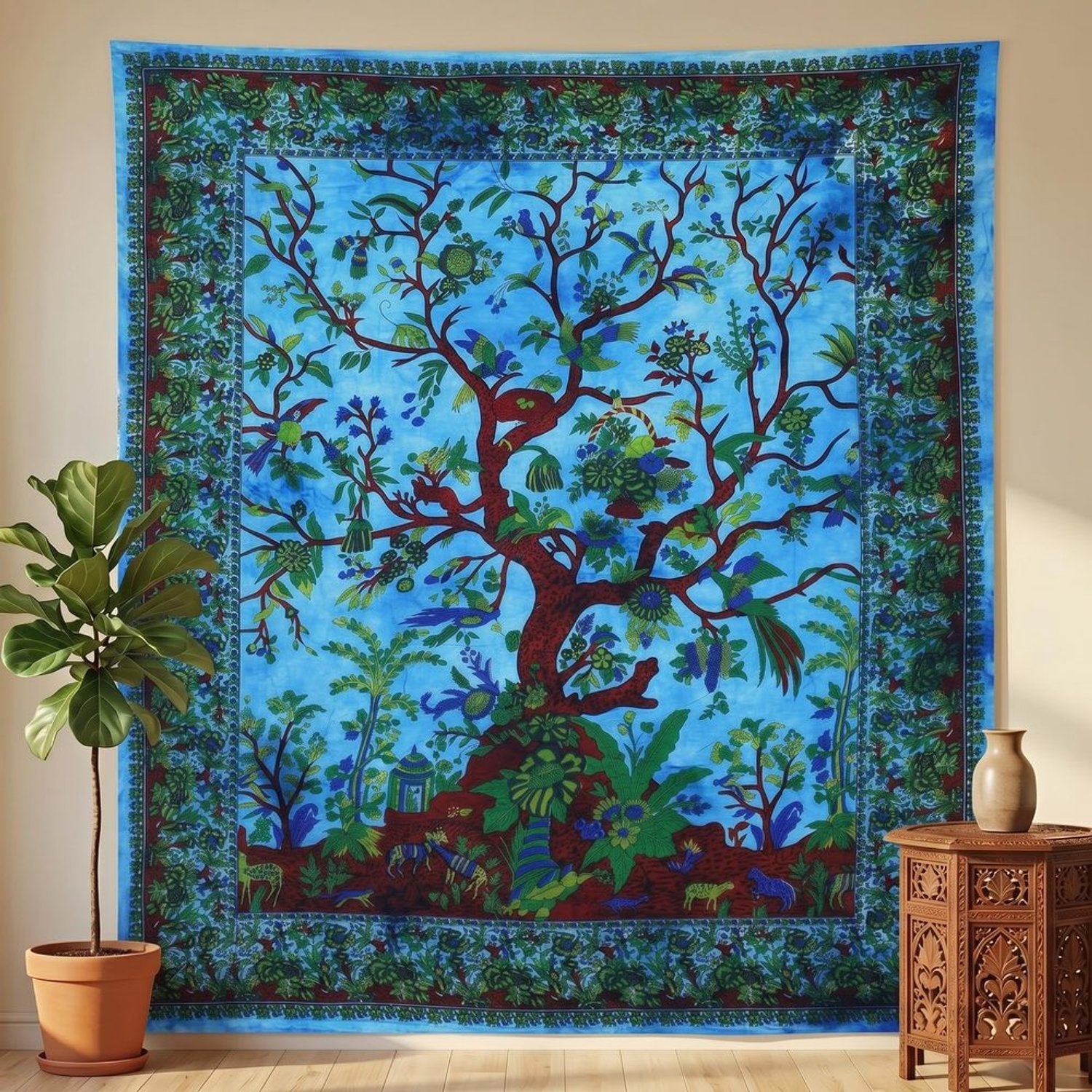 Turquoise Levensboom Wandkleed/Sprei Indiaas Katoen 208x137 cm