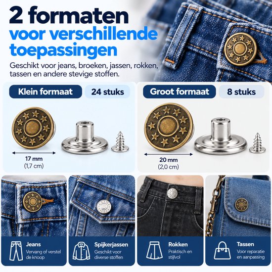 Jeansknopen 32 Stuks - 17 & 20 mm - Knopen voor Kleding - Broekknopen - Inslagknopen - Brons en Zilver — cadeau in Cadeau-ideeën - foto 7