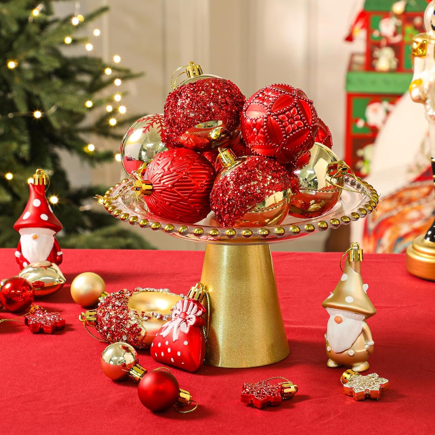 KZQ Set van 60 onbreekbare plastic kerstballen met ophangkoordjes, rood en goud, klassieke cadeauset voor kerstboom, feest en bruiloft – foto 4