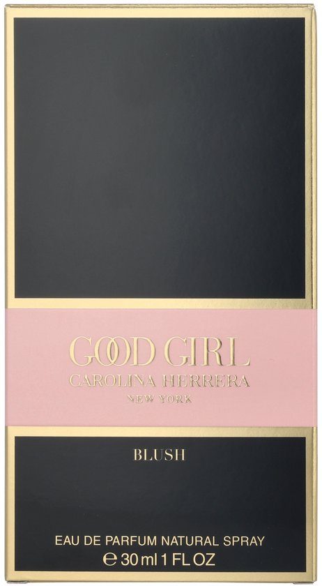 Zwarte verpakking met roze band, voorzien van gouden tekst 'Good Girl Carolina Herrera Blush Eau de Parfum'.