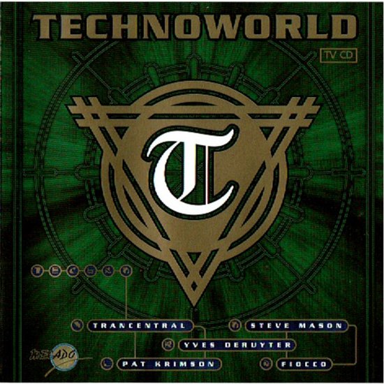 Technoworld cd-hoes met een witte gotische T in een gouden driehoek op een donkergroene achtergrond.