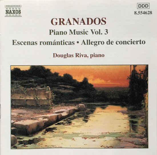CD-hoes Granados Piano Music Vol. 3 door Douglas Riva met een schilderij van een landschap bij zonsondergang.