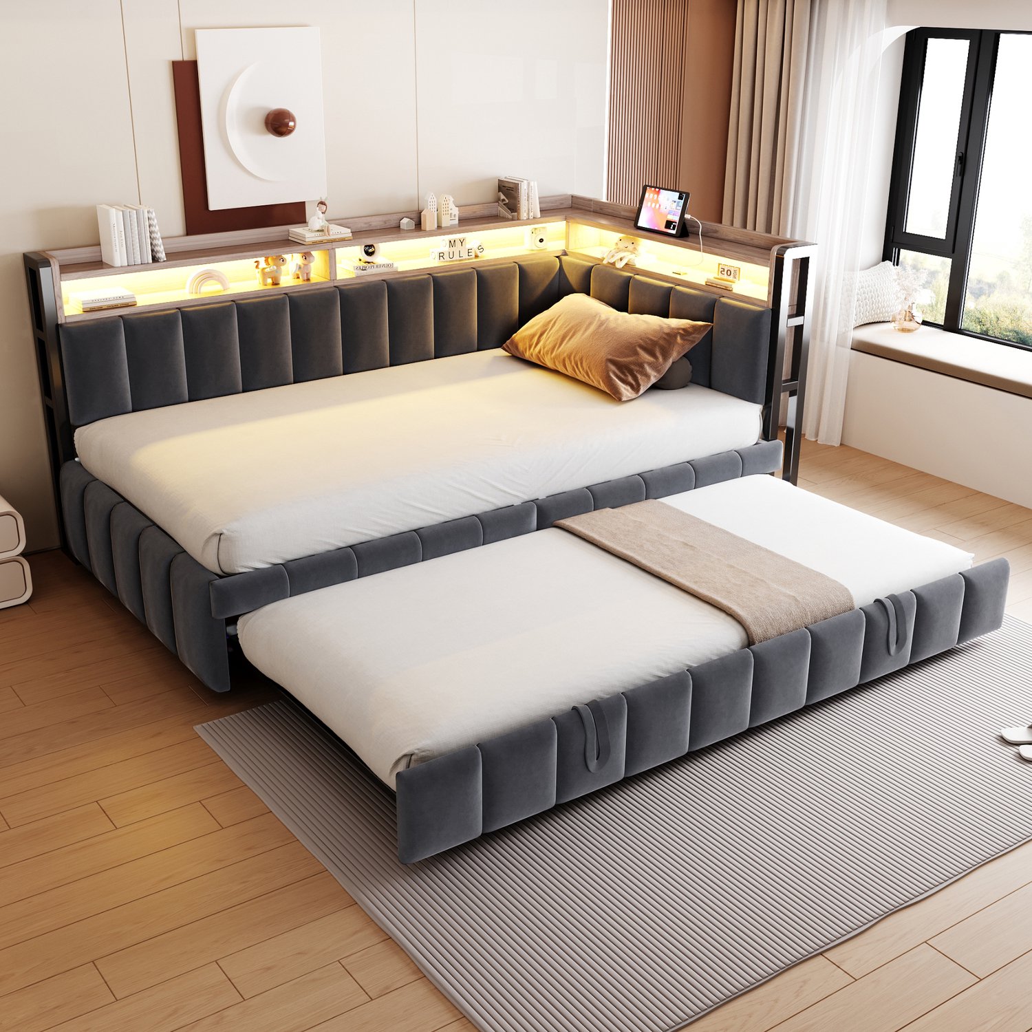 WUVRIE Slaapbank 90x200 cm - Uitschuifbed met LED, opbergvakken en USB en Type-C - Donkergrijs