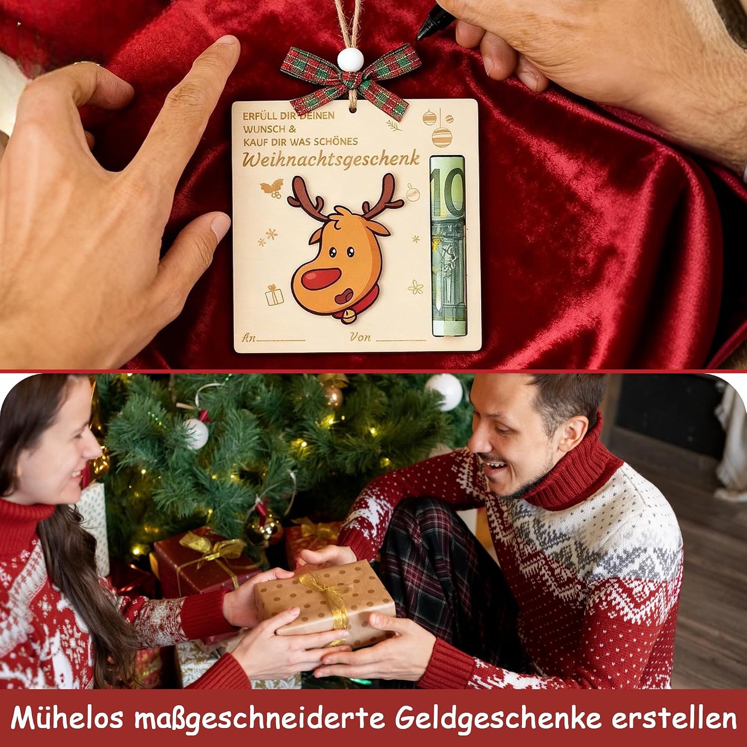 Geldcadeau voor kerst - 4 verschillende ontwerpen - voor briefjes van 5 10 20 euro - feestelijke decoratie en kaarthouder - Houten Kerstboom Geld Clip - Uniek Cadeau met Kerst Thema - feestelijke kerstboomversiering- cash cadeauhouder afmetingen – foto 3