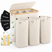 Sivableu Wasmand Beige 3 vakken – Wassorteerder – 160L – 3 uitneembare zakken – Wasmand met Deksel – opvouwbaar - Laundry Basket - Wasbox - Bamboe - Labels