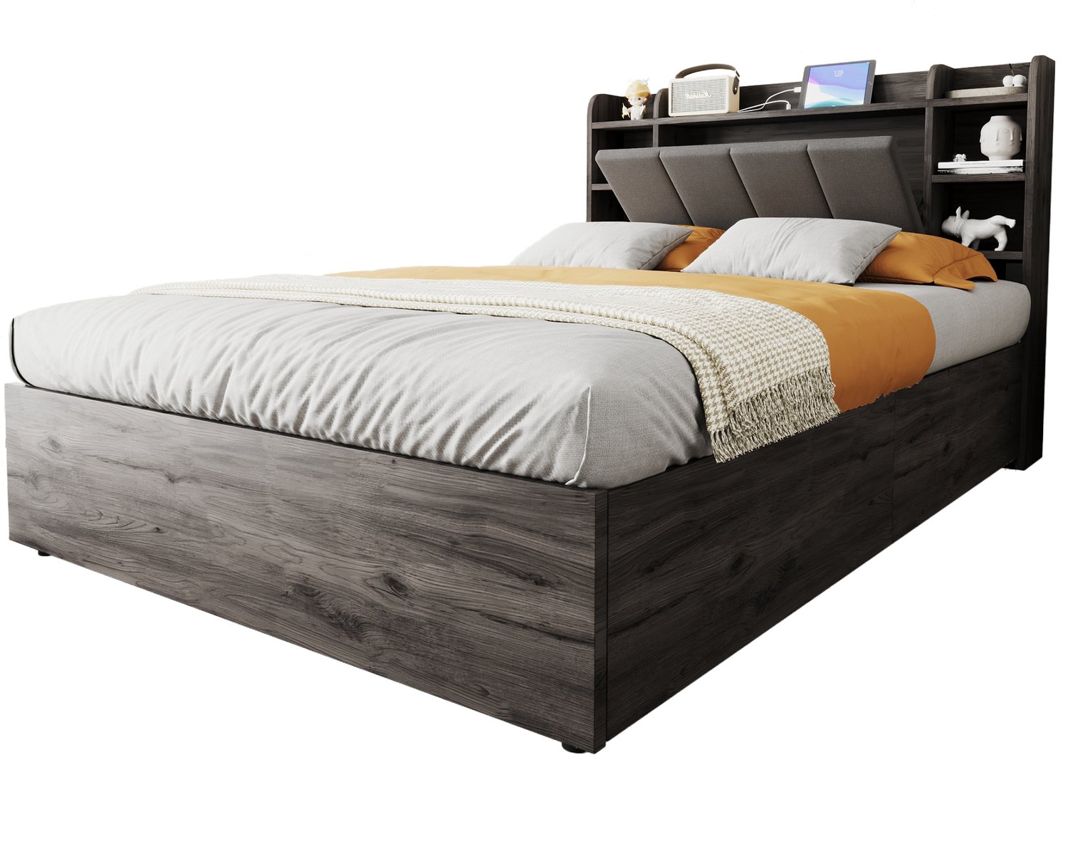 MUVANO Hydraulisch bed met opbergruimte - tweepersoonsbed 140 x 200 cm - MDF - hoofdbord met vakken, USB- en USB-C-aansluiting - grijs