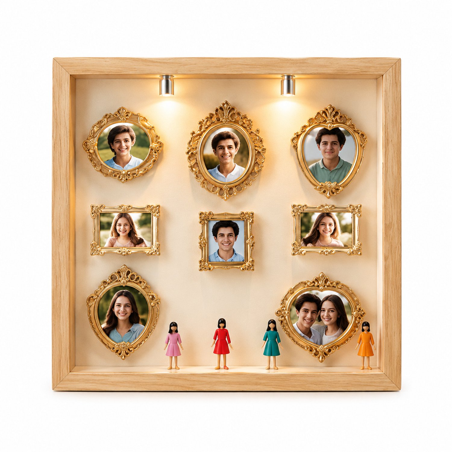 SWGOTA Zwarte vierkante MDF-displaylijst met 8 miniatuurlijstjes en 8 willekeurige figuurtjes, binnenmaat 22,8 x 22,8 x 3 cm, tafeldecoratie