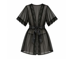 WiseGoods Lingerie Erotisch Nachthemd Dames - Transparante Kanten Kimono met Strikceintuur - Sexy Badjas voor Vrouwen - Zwart M/L, 83 cm