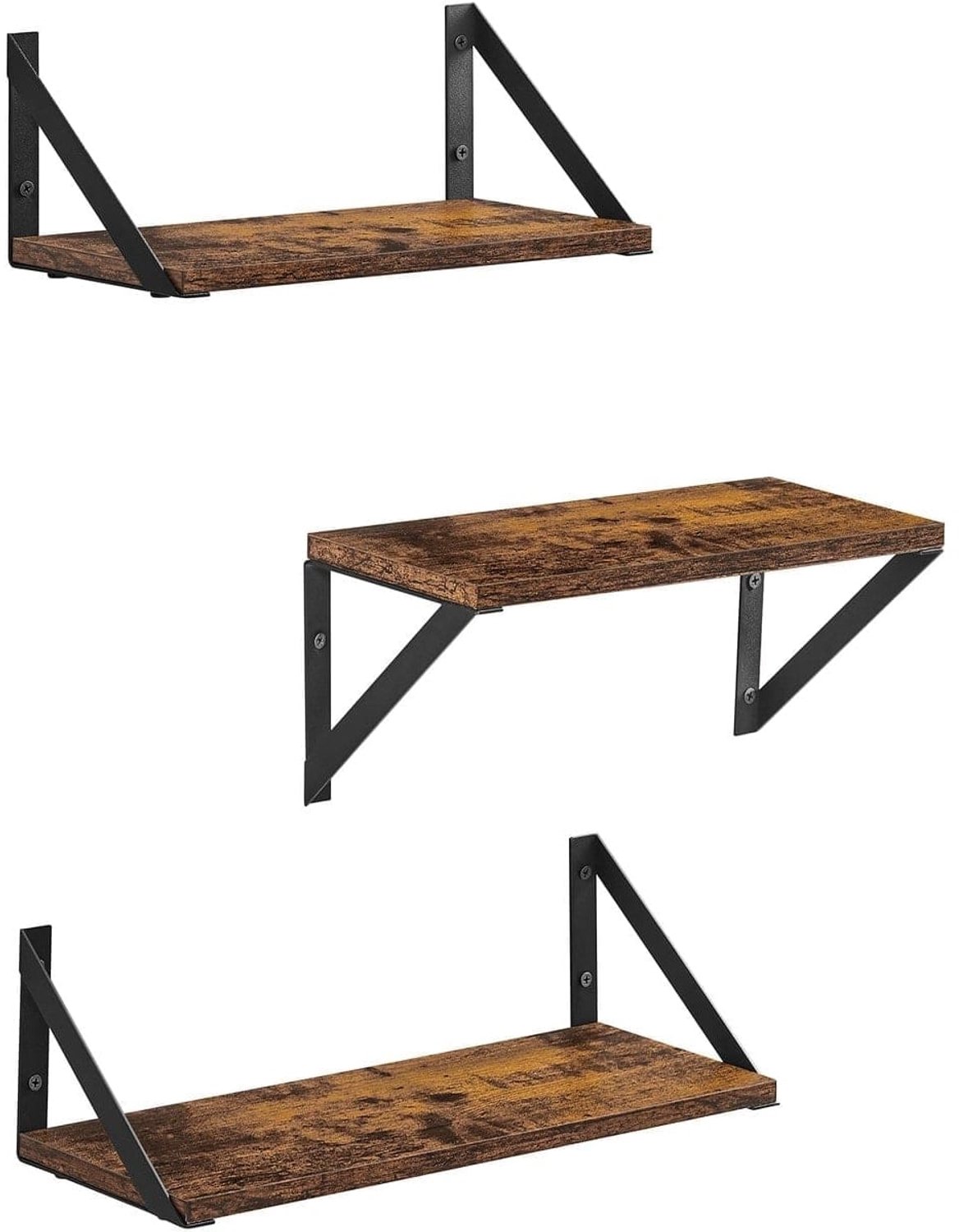 Klarven Wandplank Vintagebruin-Zwart - Wandplank Zwevend - Floating Shelf - Hoogglans Afwerking - Set van 3 - Inclusief Bevestigingsmateriaal - Metaal