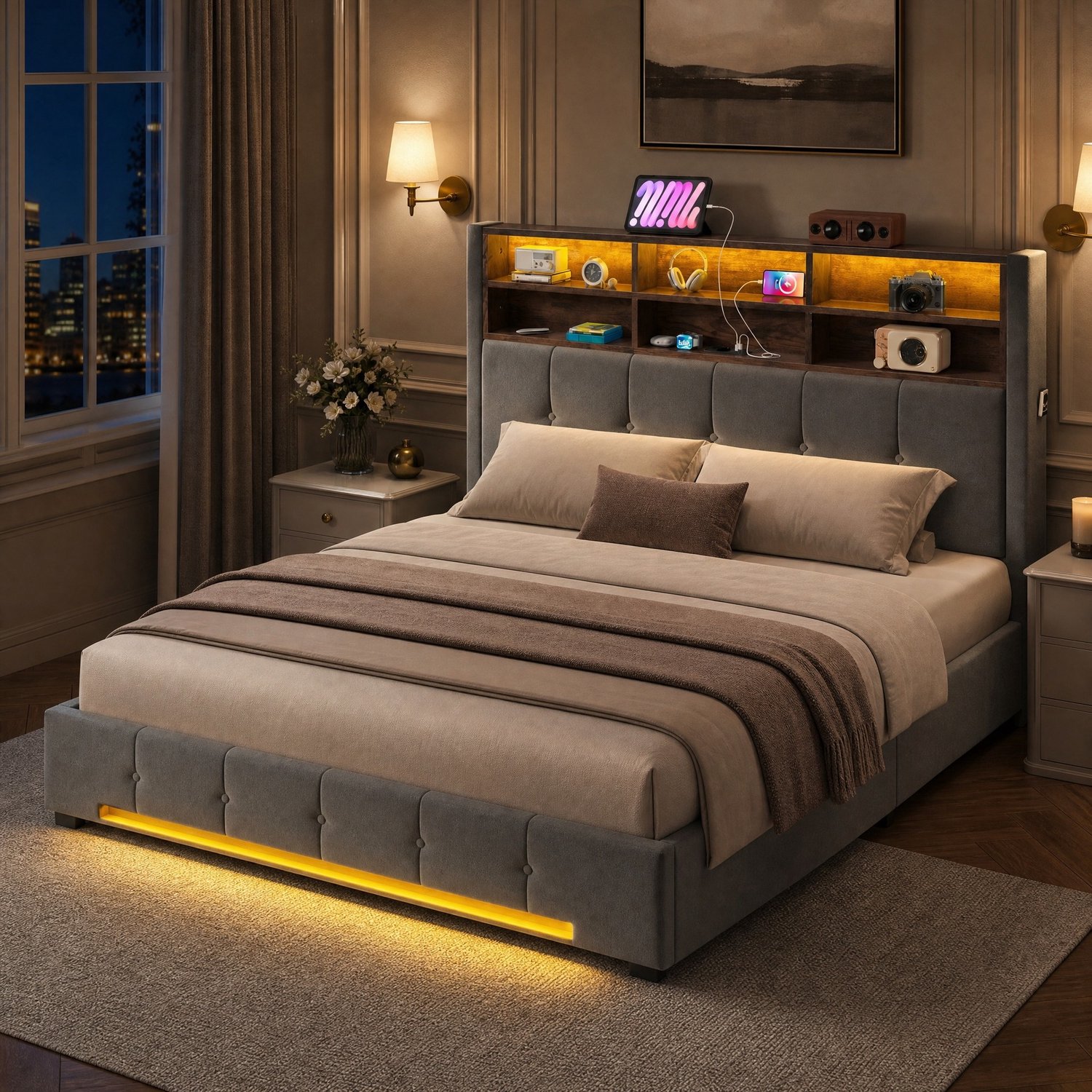 Wishdor Tweepersoonsbed 160x200 cm - Fluwelen bekleding en opbergruimte - Hoofdbord met zes vakken en zijvakken - USB-C en dimbare LED-verlichting - Hydraulisch hefmechanisme - Donkergrijs