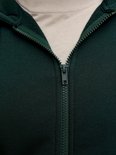 Close-up van de ritssluiting op een donkergroen JACK & JONES vest, gedragen over een beige shirt.