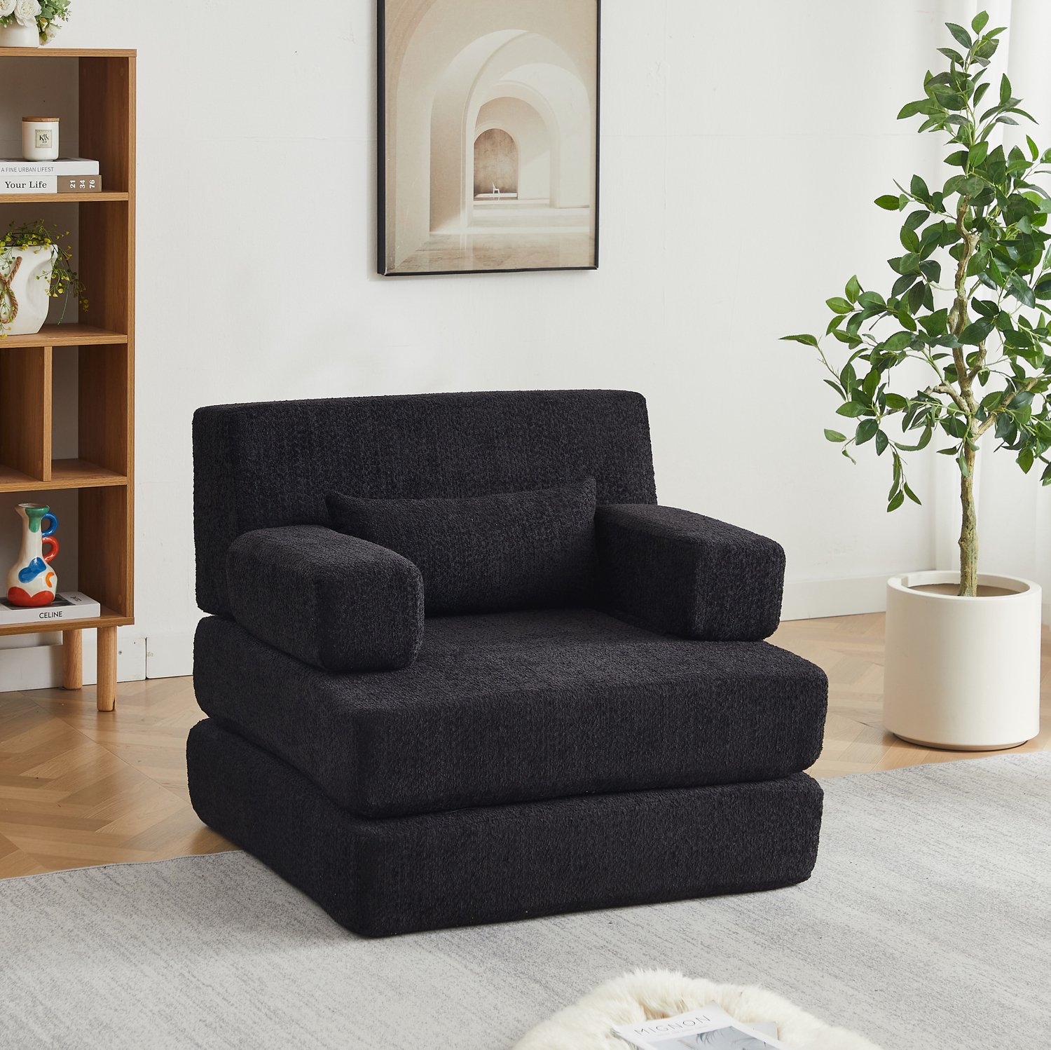 MODENUIT Slaapbank 90 x 90 x 80 cm - Opvouwbaar en Modulair - Voor Woonkamer en Kantoor - Chenille - Zwart