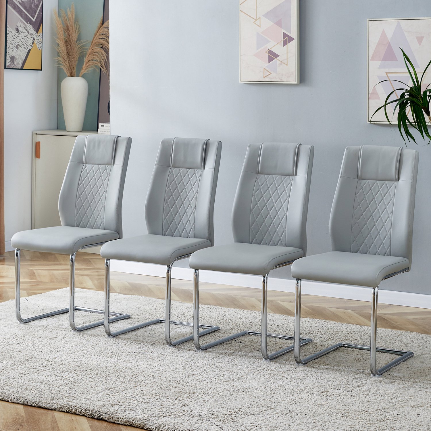 MODENUIT Eetkamerstoel 41 x 48 x 97 cm - Set van 4 - Eetkamer - Kunstleer en Metaal - Lichtgrijs en Zilver