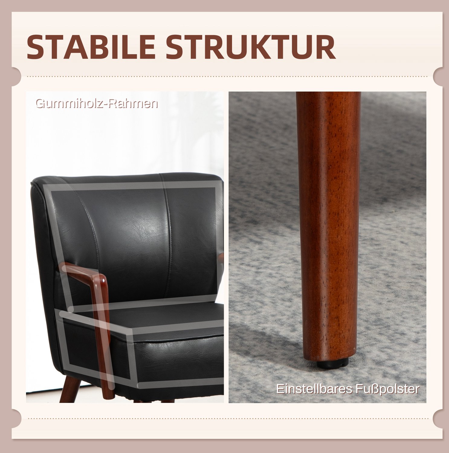 DESMIU Fauteuil 77 x 67 x 80 cm - Brede Gewatteerde Zitting Met Armleuningen - Voor Woonkamer En Eetkamer - Kunstleer En Hout - Zwart