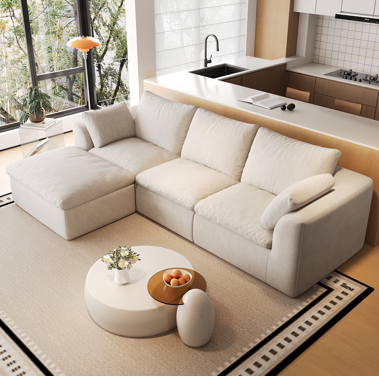 STILVORA Hoekbank 245 x 155 x 83 cm - Vier Zitplaatsen en Zacht Zitcomfort - L-Vormige Bank voor de Woonkamer - Linnen - Beige-Wit