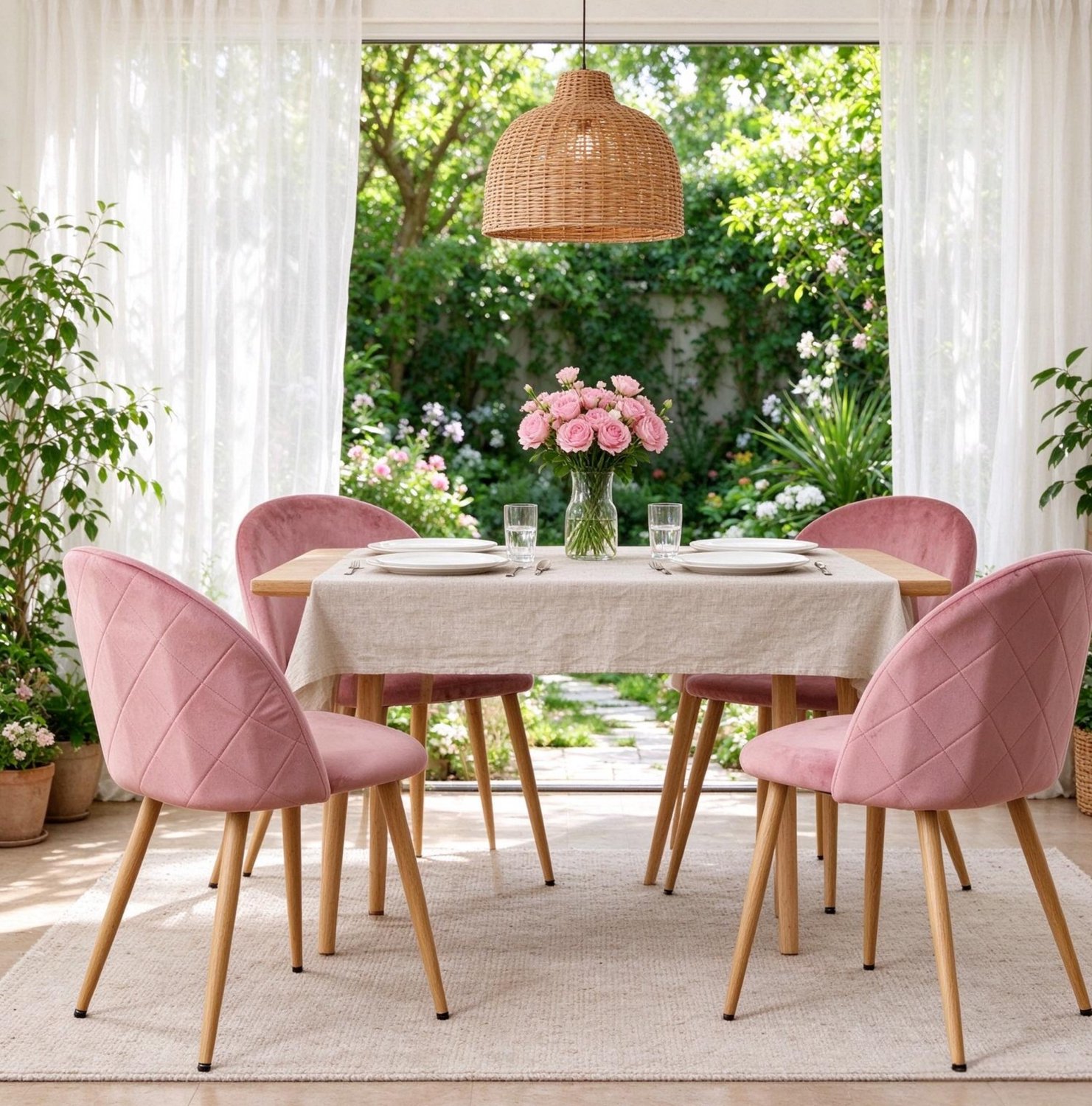 DESMIU Eetkamerstoelen 48 x 43 x 80 cm - Set Van 4 Met Gebogen Rugleuning - Voor Eetkamer En Woonkamer - Fluweel En Metaal - Roze