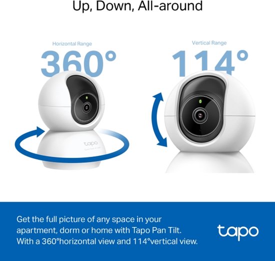 Illustratie van de Tapo-camera met 360 graden horizontaal en 114 graden verticaal draaibereik voor volledig zicht.