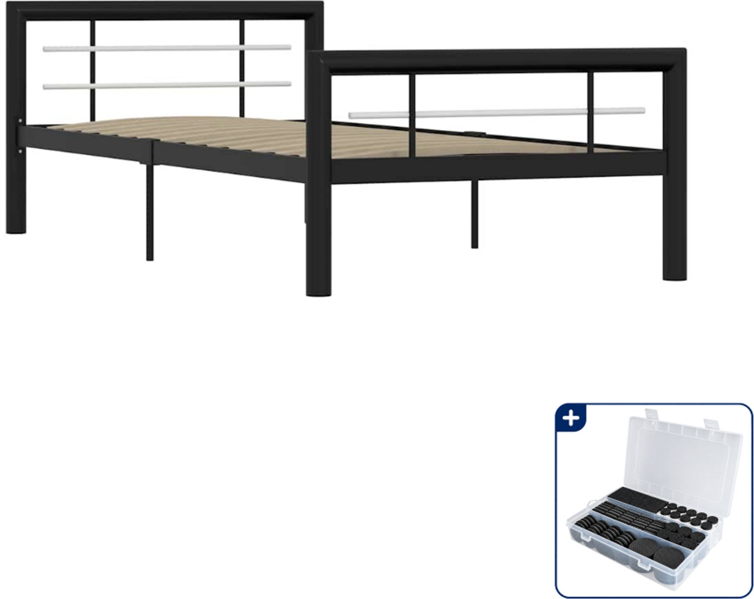 vidaXL bedframe - 100 x 200 cm - metaal - zwart en wit - Inclusief antikrasvilt 177-delig