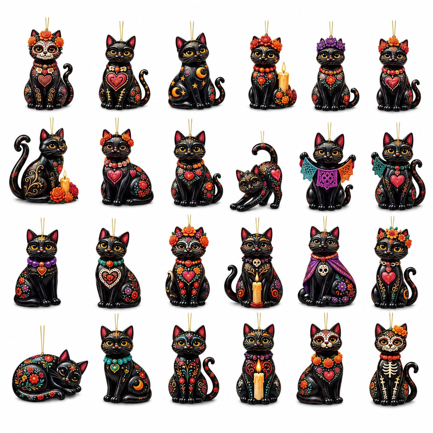 SWGOTA Adventskalender 2026 met zwarte katten - 24 platte acrylhangers met ophanglus - Dag van de Doden - Genummerde kartonnen doos