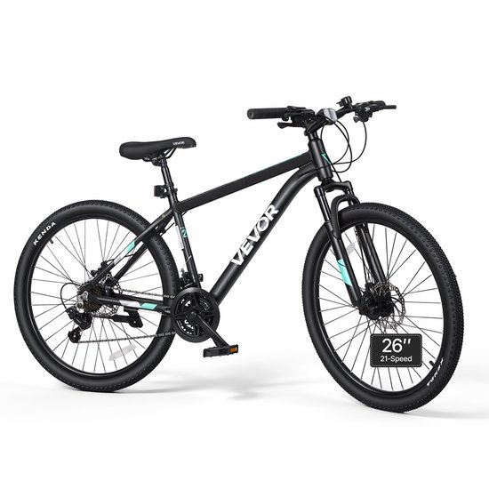 VEVOR Mountainbike voor Dames en Heren, 26 inch, 21 Versnellingen, Zwart, Outdoor, Ideaal voor Volwassenen, Frame van Aluminiumlegering, met Verende Voorvork, Draagvermogen van 120 Kg, Bel, Reflectoren en Lichtbevestiging — afbeelding 2