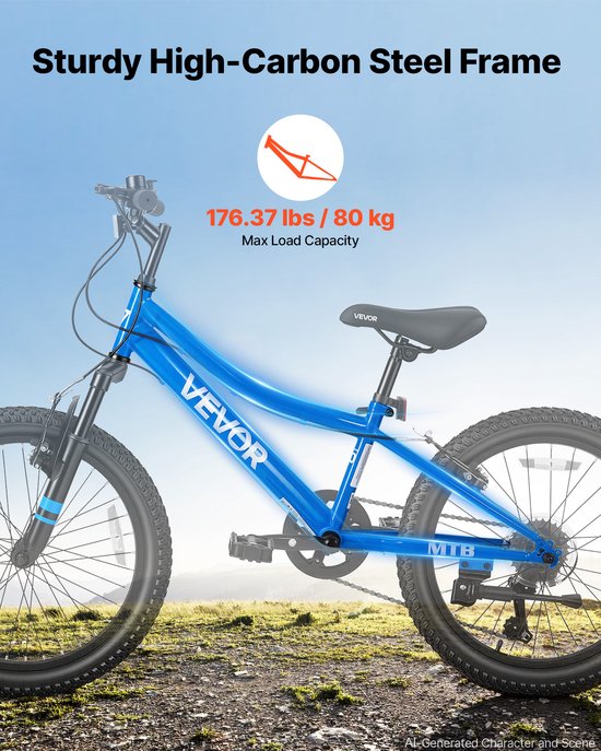 VEVOR Mountainbike 20 inch 6-Versnellingsfiets van Koolstofstaal, Blauw, voor Recreatief Fietsen en Lichte Offroad-Tochten, Draagvermogen van 80 Kg, Bel, Verstelbaar Zadel, Bevestigingspunt voor Verlichting en Dubbele Remmen — afbeelding 5