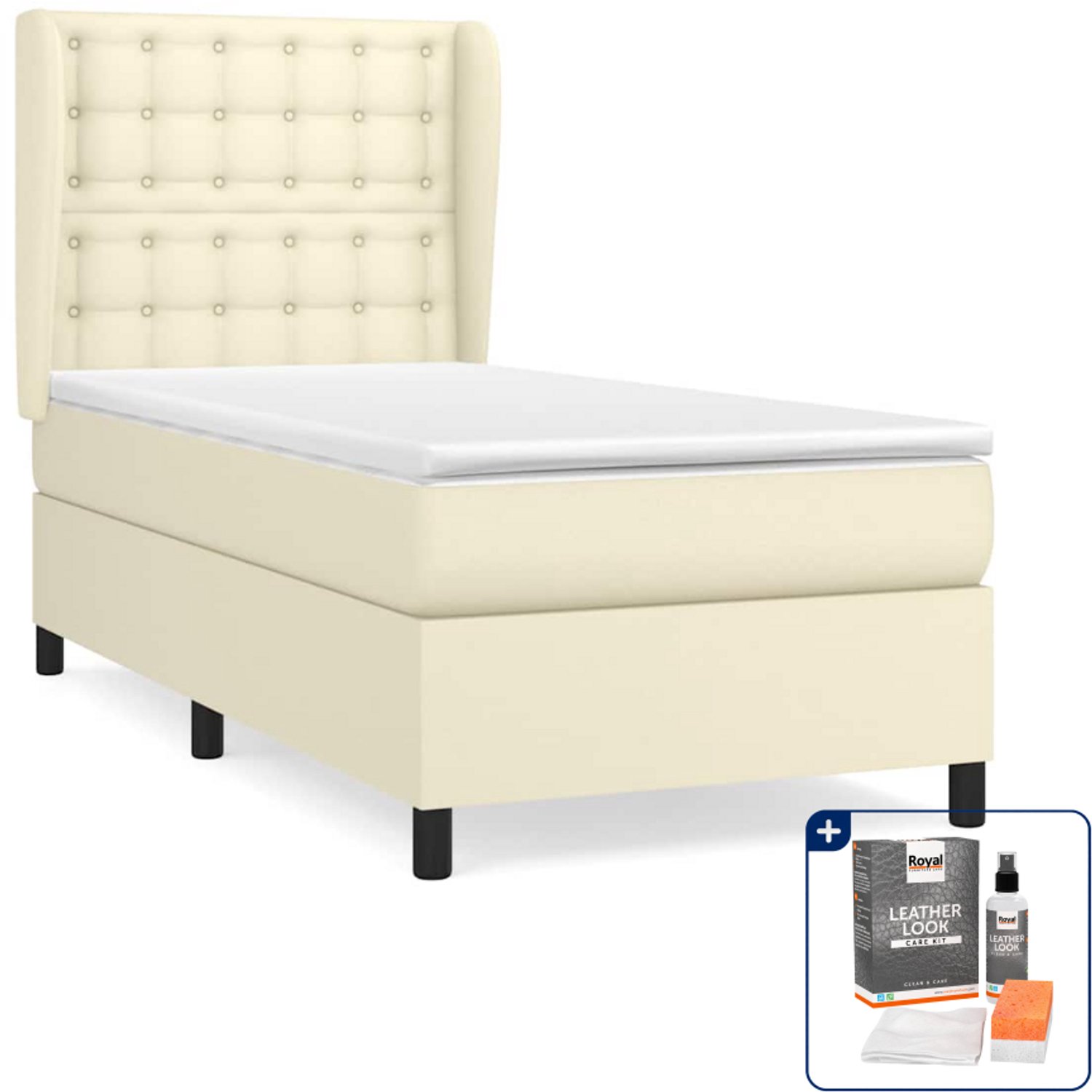 vidaXL boxspring met matras - 80 x 200 cm - kunstleer - crème - Inclusief onderhoudsset voor kunstleer 150 ml