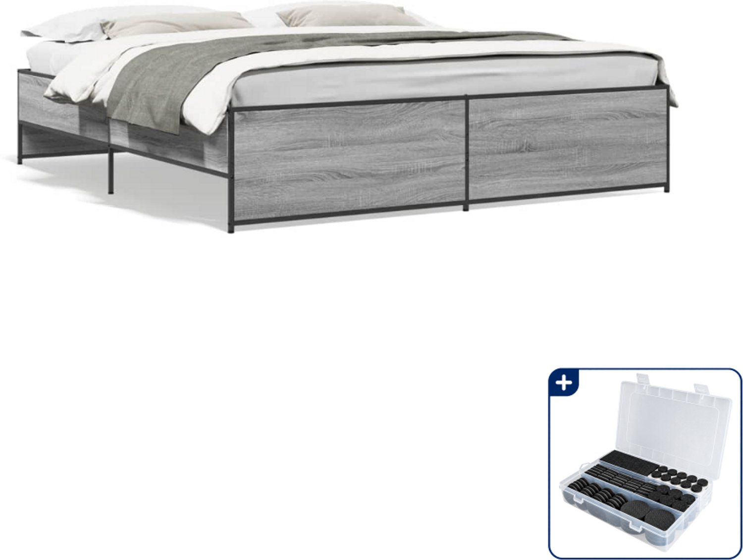 vidaXL Kingsize bedframe - 180 x 200 cm - grijs sonoma eiken - Inclusief antikrasvilt 177-delig Wit