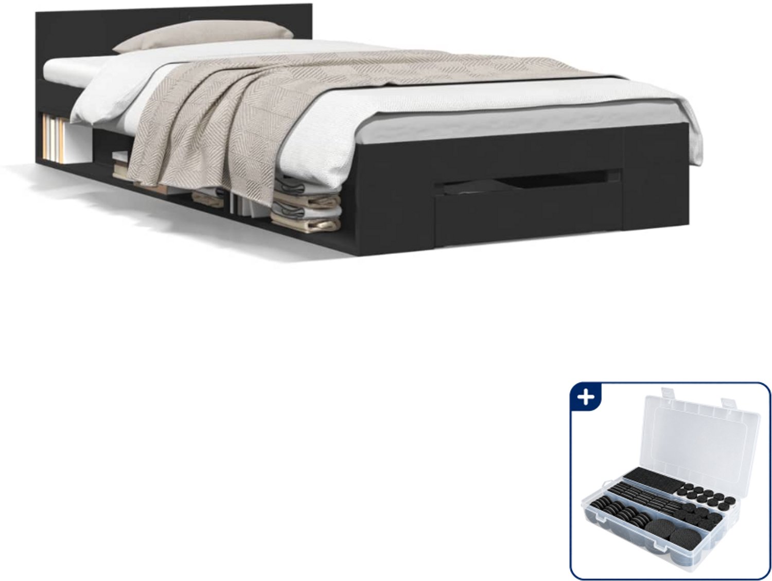 vidaXL bedframe 90 x 190 cm - bewerkt hout - zwart - Inclusief antikrasvilt 177-delig Bruin