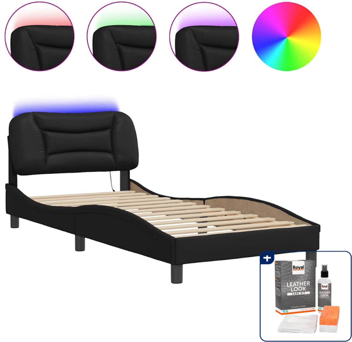 vidaXL Hvar bedframe met LED - 80 x 200 cm - zwart - Inclusief onderhoudsset voor kunstleer 150 ml