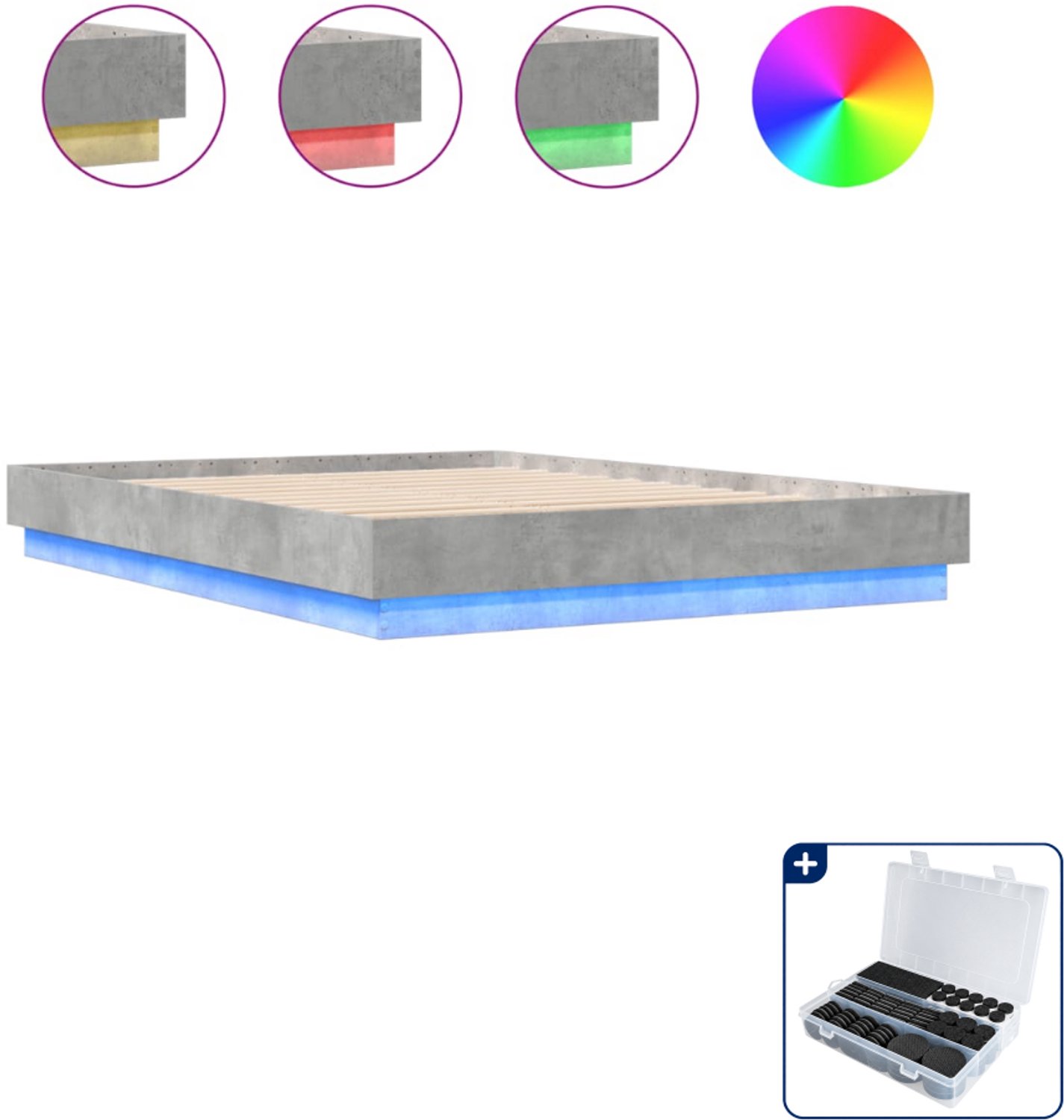 vidaXL bedframe met LED - 150 x 200 cm - bewerkt hout - betongrijs - Inclusief antikrasvilt 177-delig