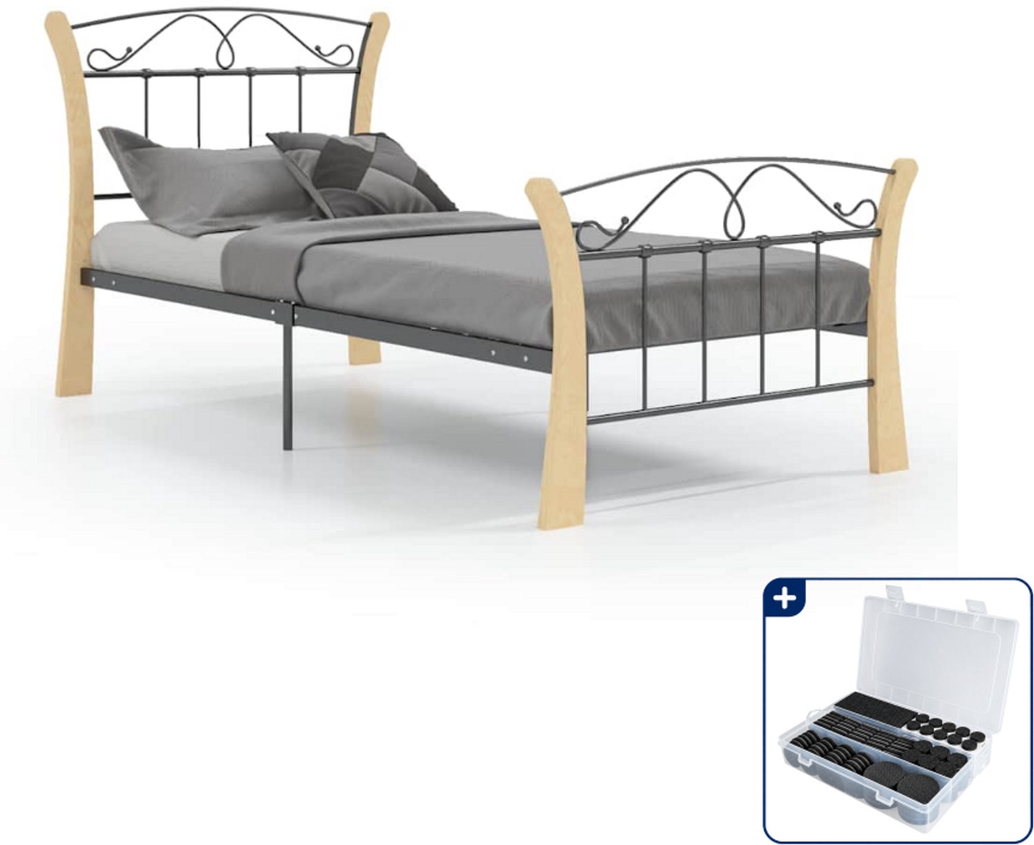 vidaXL bedframe - 90 x 200 cm - metaal en eikenhout - zwart - Inclusief antikrasvilt 177-delig